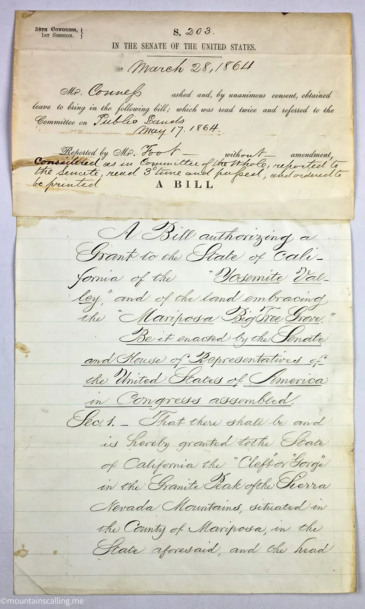 Original 1864 Yosemite Grant Act Senate bill S.203 authorizing California grant of Yosemite Valley and Mariposa Big Trees