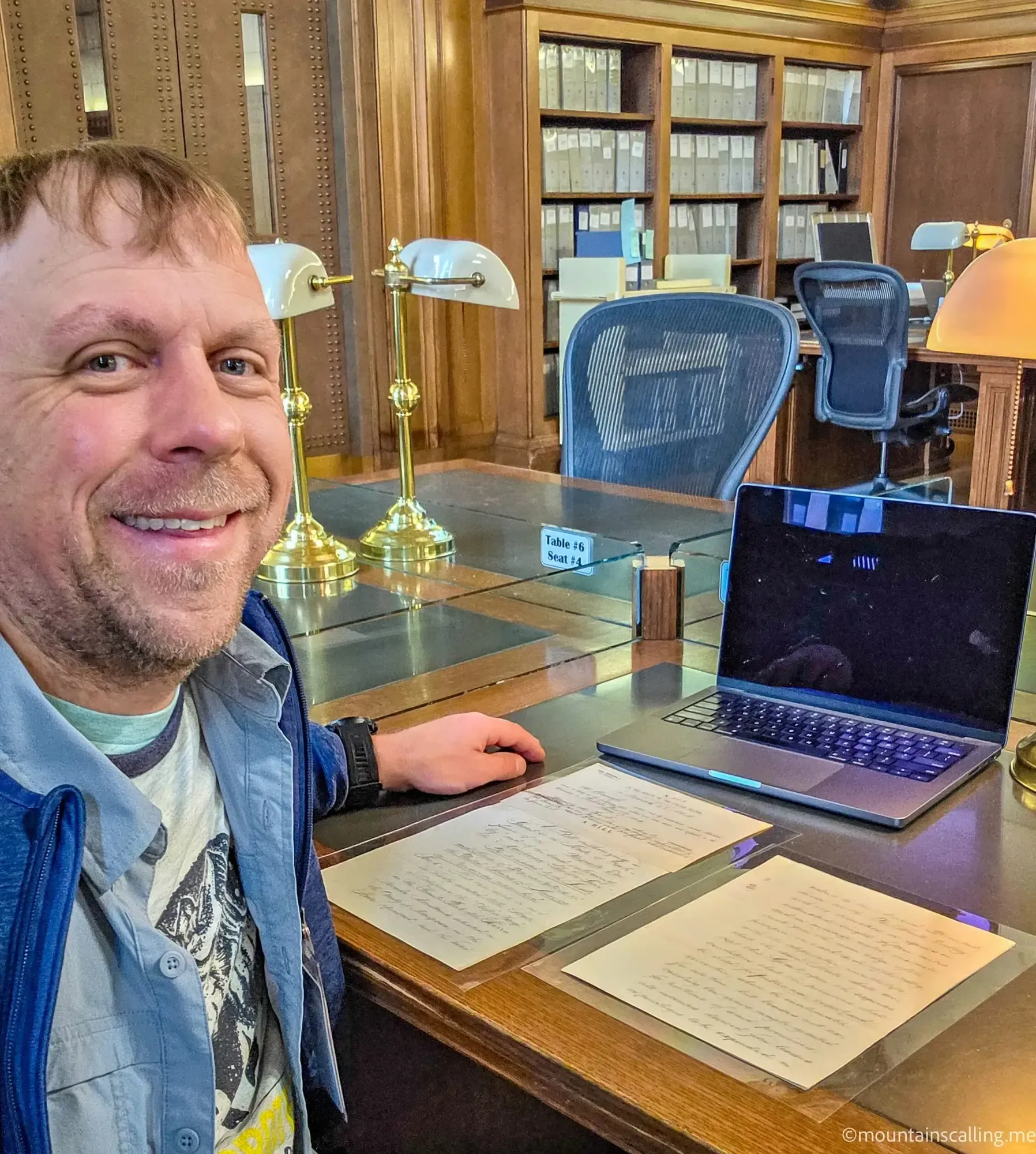 Eric Kufrin examining original Yosemite Grant Act documents at National Archives research room in Washington DC