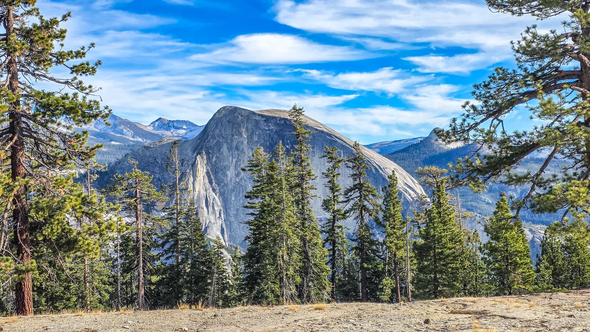 Half Dome framed by pines from the North Dome viewpoint on the North Rim Traverse
