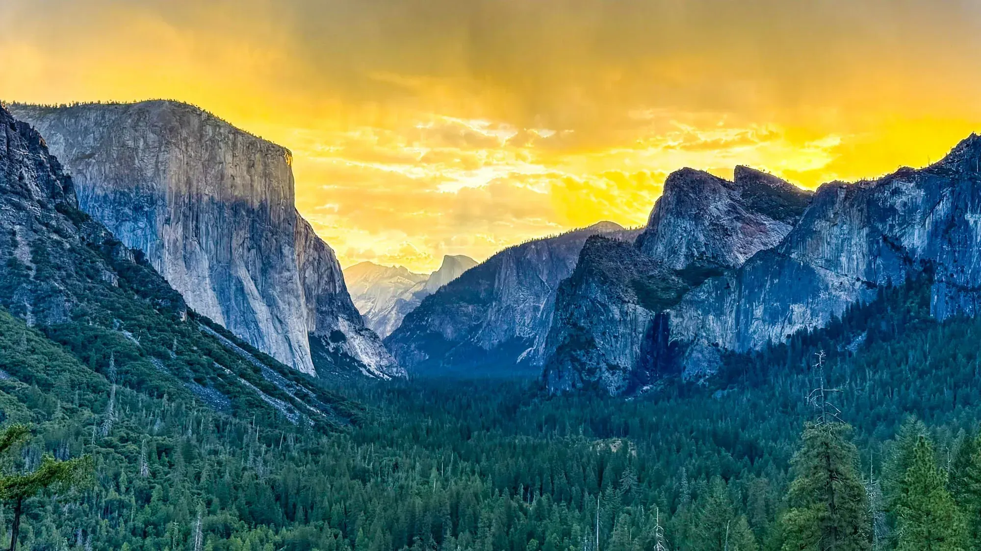 Yosemite Valley at sunrise from Tunnel View showing El Capitan, Bridalveil Fall, and Half Dome under golden sky