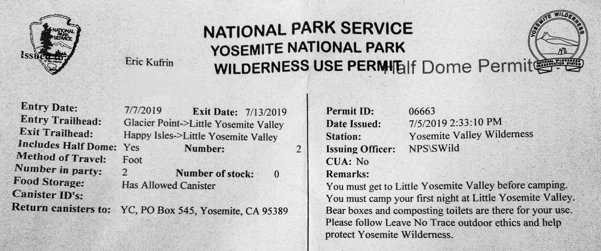 Yosemite wilderness permit showing Half Dome add-on, permit details, dates, and bear canister requirements