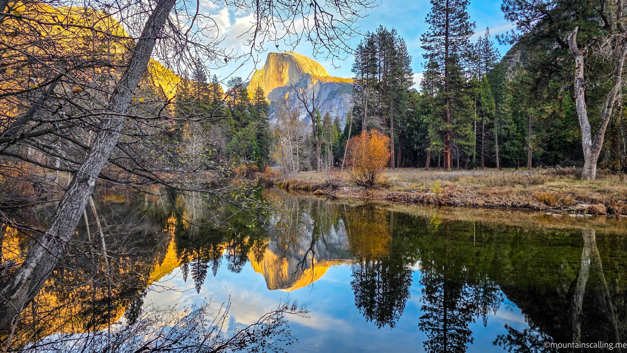 Half Dome reflecting off the Merced River at sunset