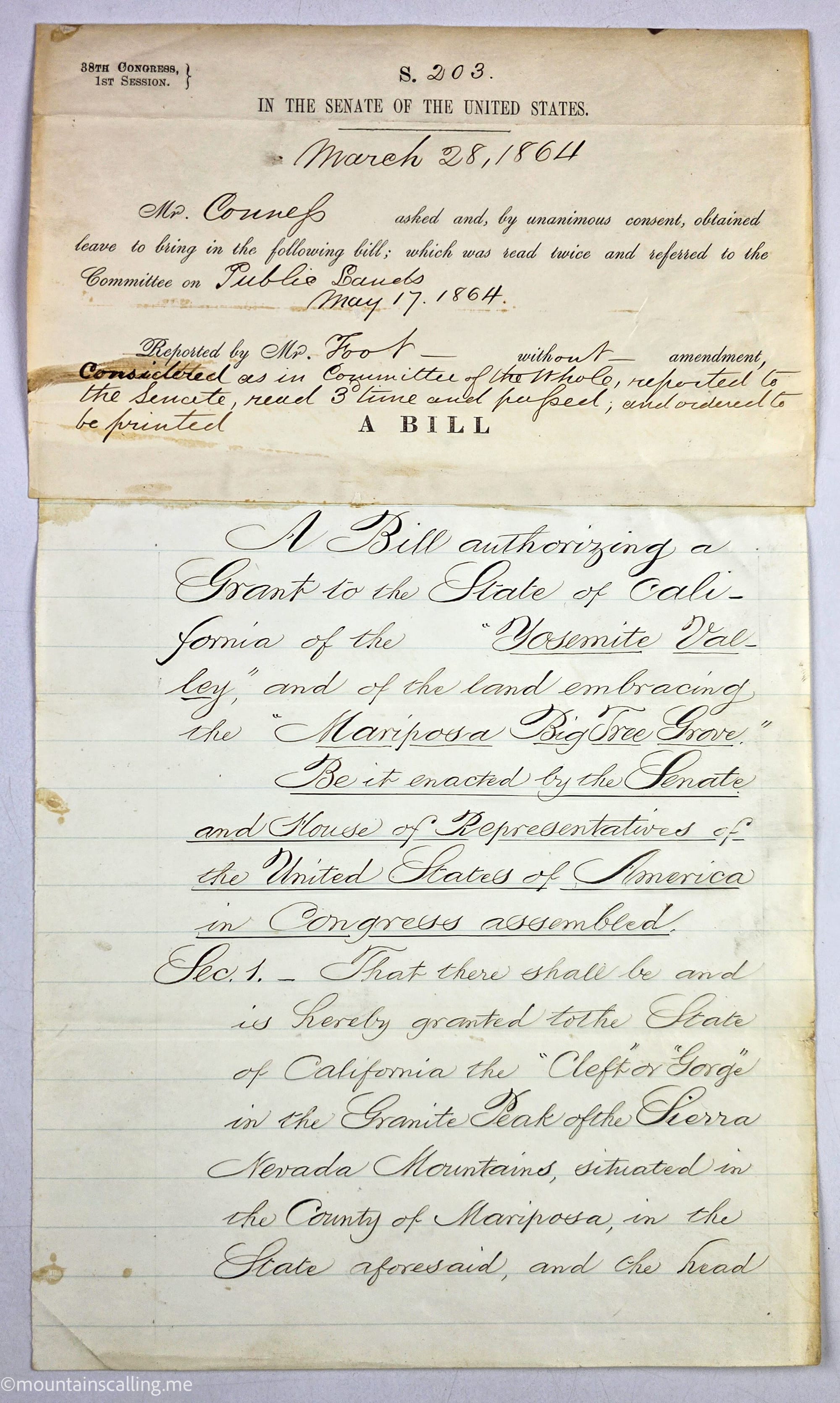Photo of the original Yosemite Grant Bill taken by Eric Kufrin during his visit to the National Archives