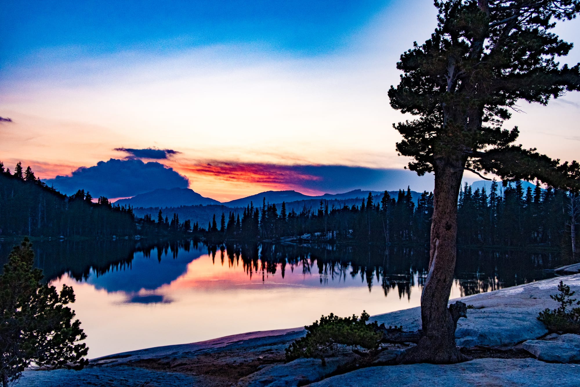 Yosemite high country alpine lake at sunset with vivid orange and purple sky reflecting on still water and a Lodgepole pine in the foreground | Yosemite Life